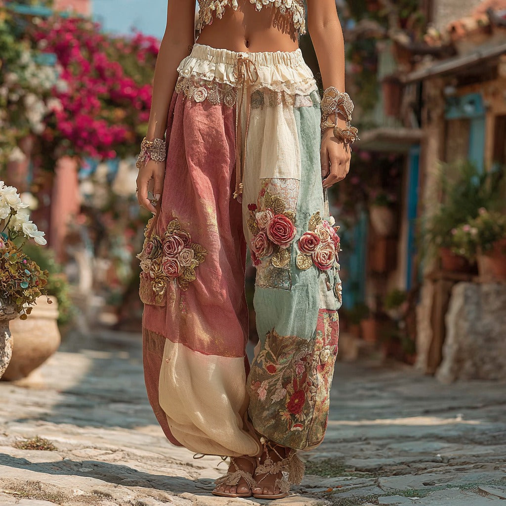 Women's Bohemian Floral Embroidery Patchwork Art Linen Blend Pants