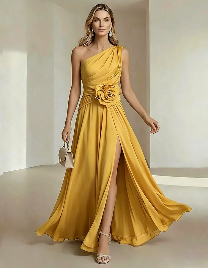 Solid Color One Shoulder Chiffon Dress With 3D Floral High Slit Maxi Dress