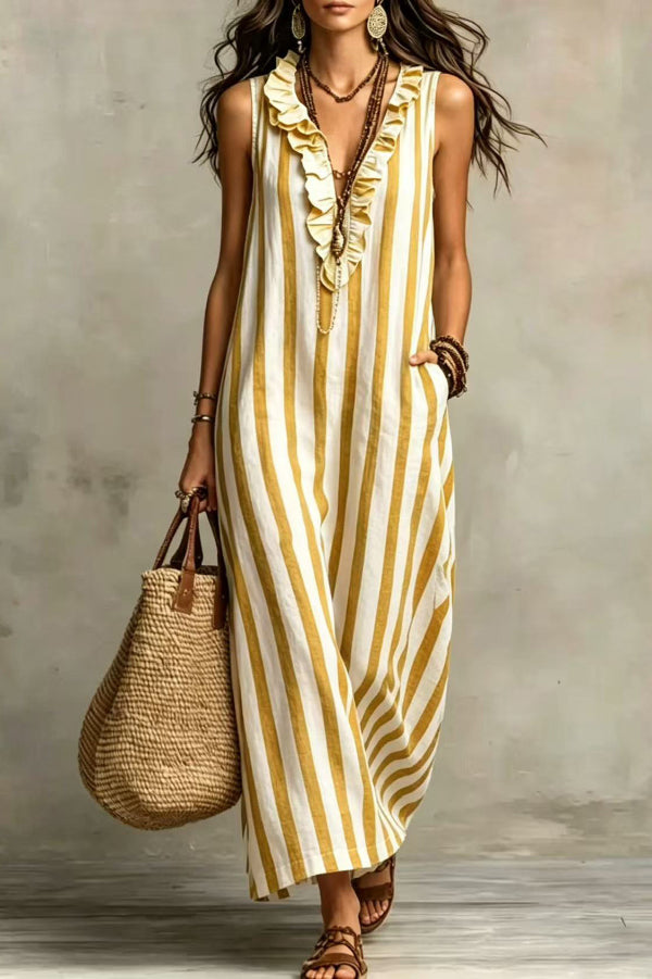 Red Stripe Ruffle V-Neck Boho Maxi Dress