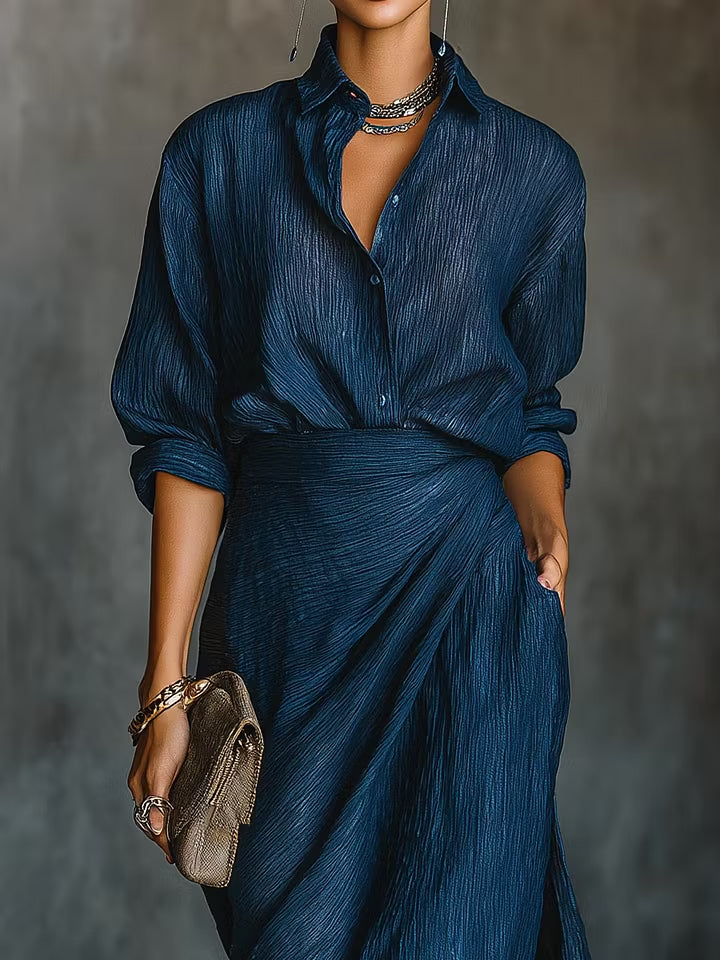 Cotton And Linen Blend Draped Shirt & Skirt Set – Elegant Minimal Two Piece Outfit
