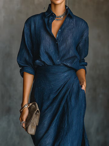 Cotton And Linen Blend Draped Shirt & Skirt Set – Elegant Minimal Two Piece Outfit