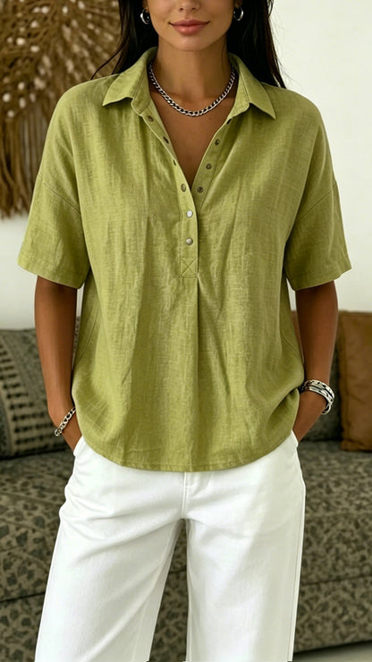 Women’s Cotton Linen Polo Shirt – Casual Short Sleeve Summer Top