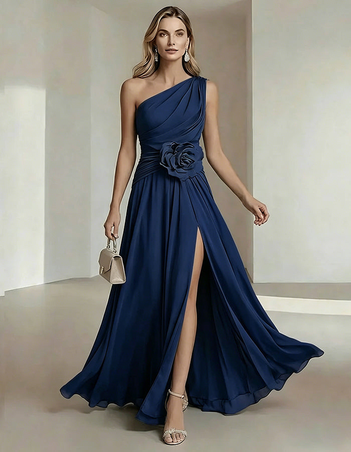 Solid Color One Shoulder Chiffon Dress With 3D Floral High Slit Maxi Dress