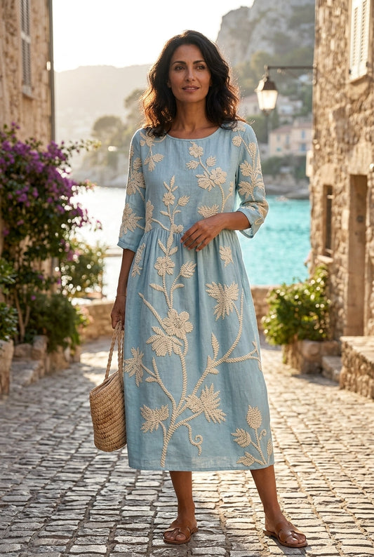 Fluid Midi Dress with Floral Embroidery - Elegant Vintage Collection