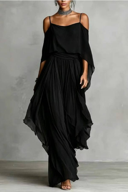 Silver Grey Cold-Shoulder Chiffon Top & Flowing Pants Set