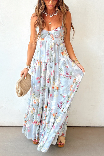 Light Blue Floral Tiered Boho Maxi Dress – Soft Romantic Elegance