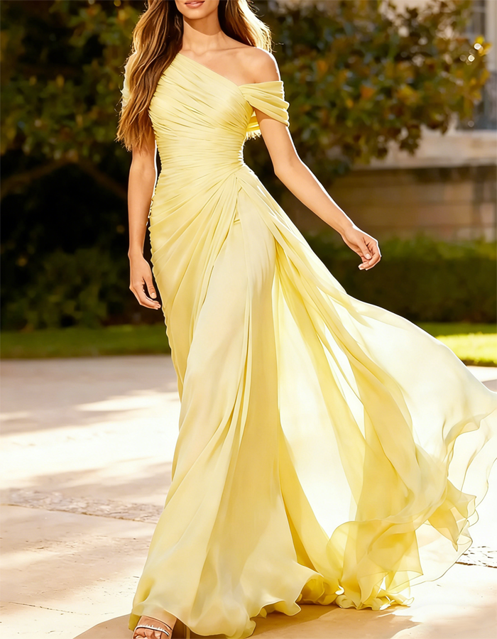 One-Shoulder Pleated Chiffon Maxi Dress