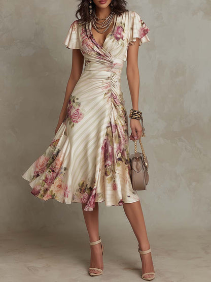 Champagne Floral Wrap Ruched Midi Dress – Romantic Elegance
