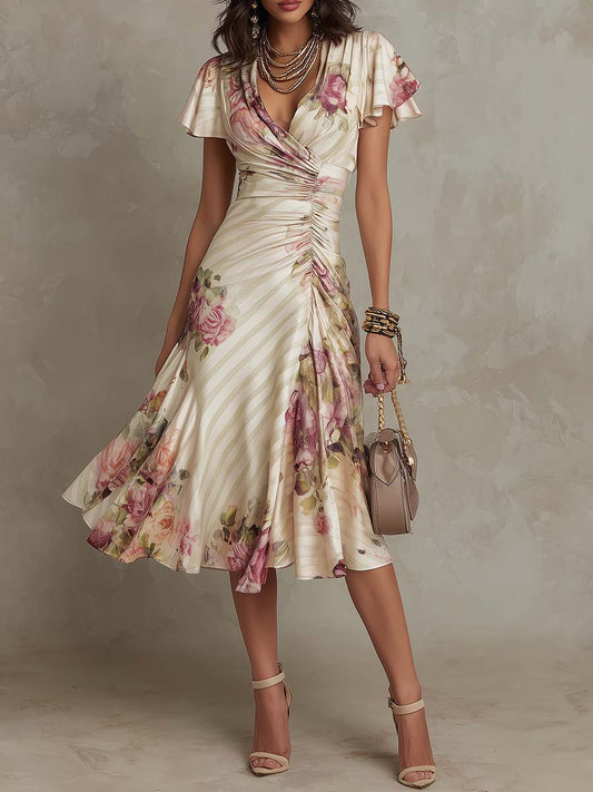 Champagne Floral Wrap Ruched Midi Dress – Romantic Elegance