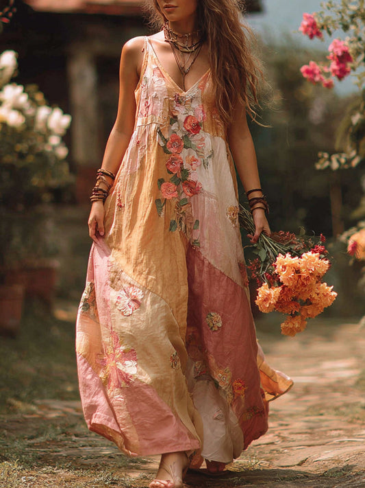 Women's Retro Floral Art Patchwork V-neck Dress