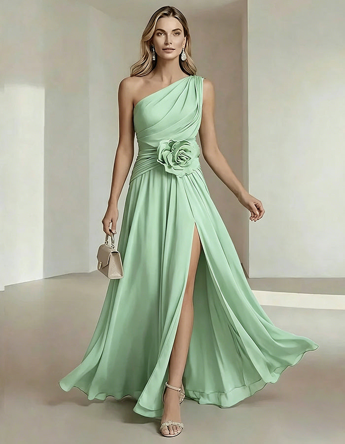 Solid Color One Shoulder Chiffon Dress With 3D Floral High Slit Maxi Dress