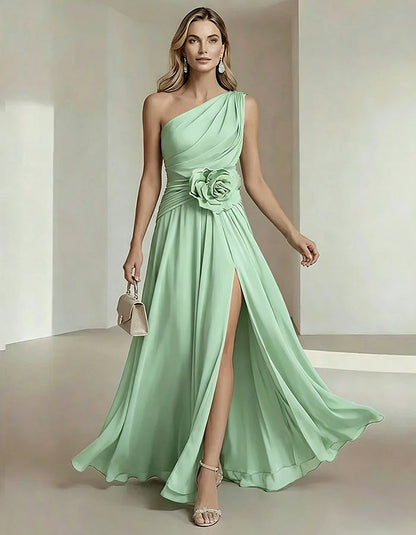 Solid Color One Shoulder Chiffon Dress With 3D Floral High Slit Maxi Dress