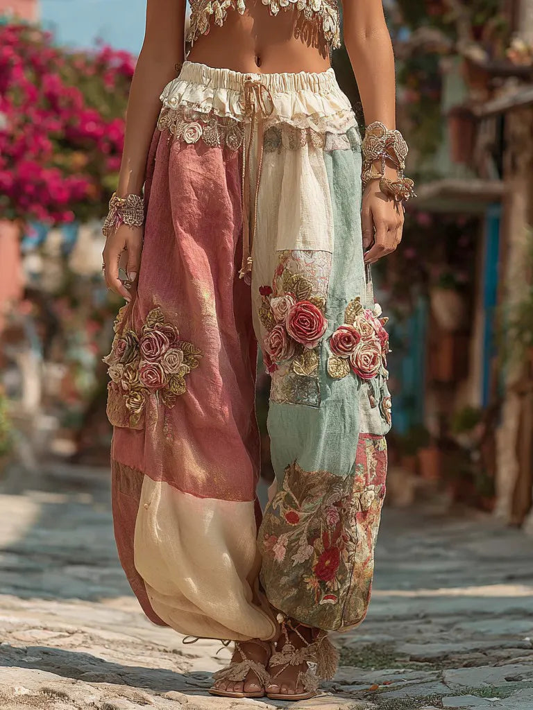 Women's Bohemian Floral Embroidery Patchwork Art Linen Blend Pants