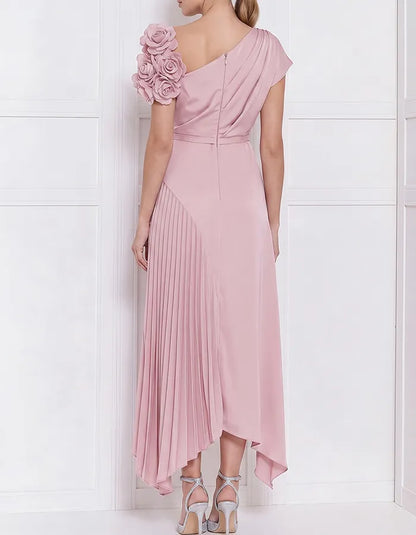 Blush Pink Satin 3D Floral Asymmetrical Midi Dress