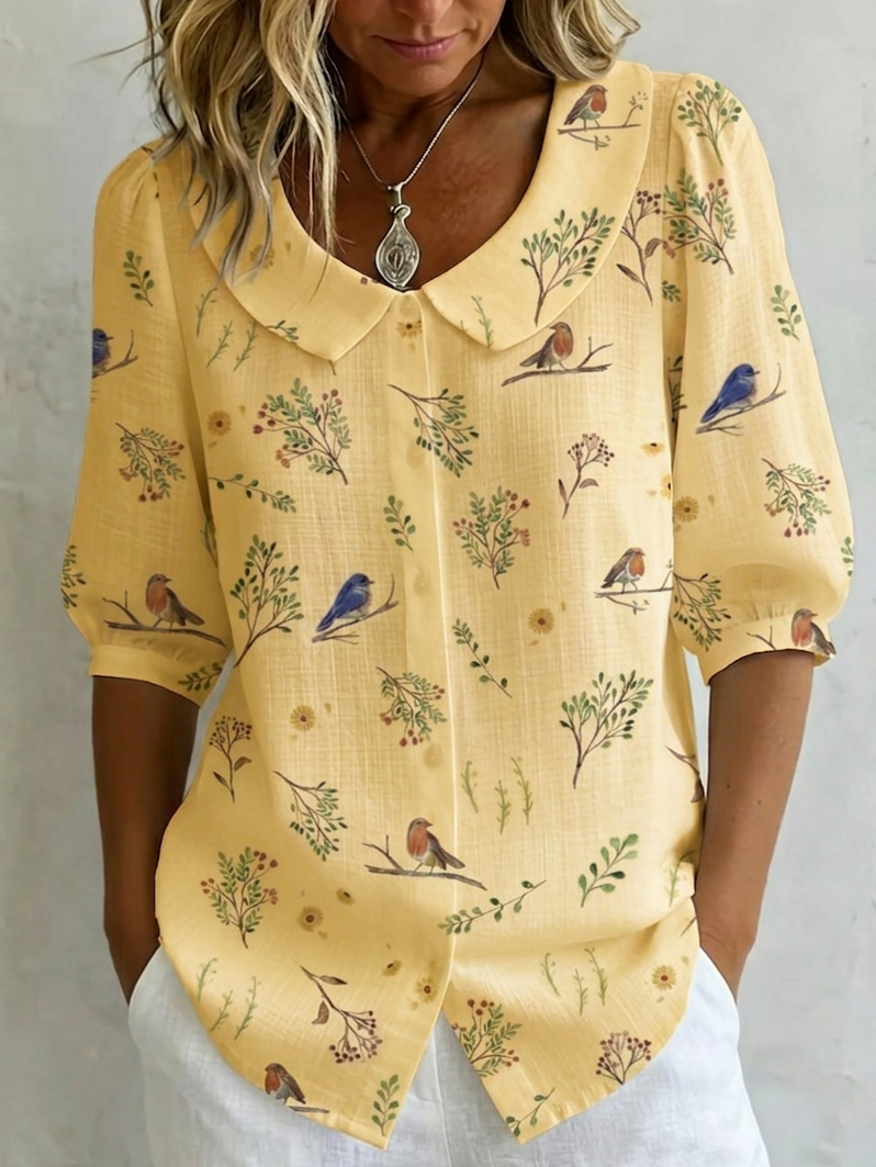 "Forest Whispers" Peter Pan Collar Linen-Cotton Shirt