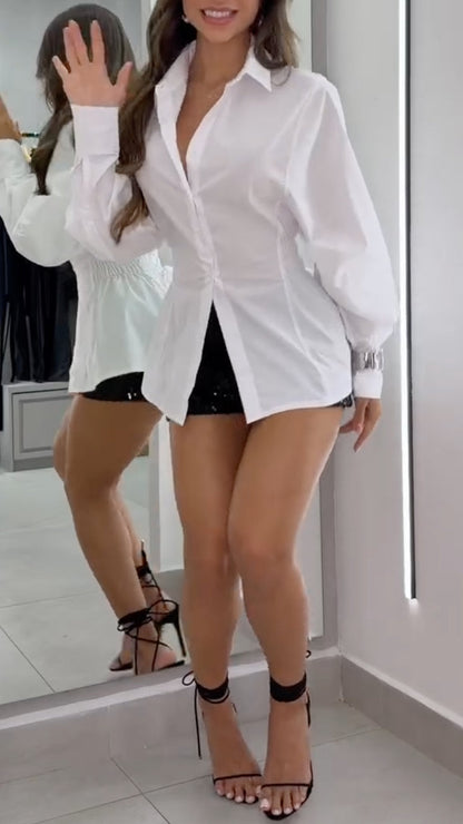 Two Piece White Ruched Shirt + Black Sequin Shorts Set