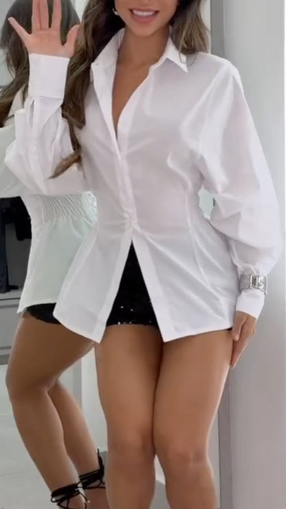 Two Piece White Ruched Shirt + Black Sequin Shorts Set