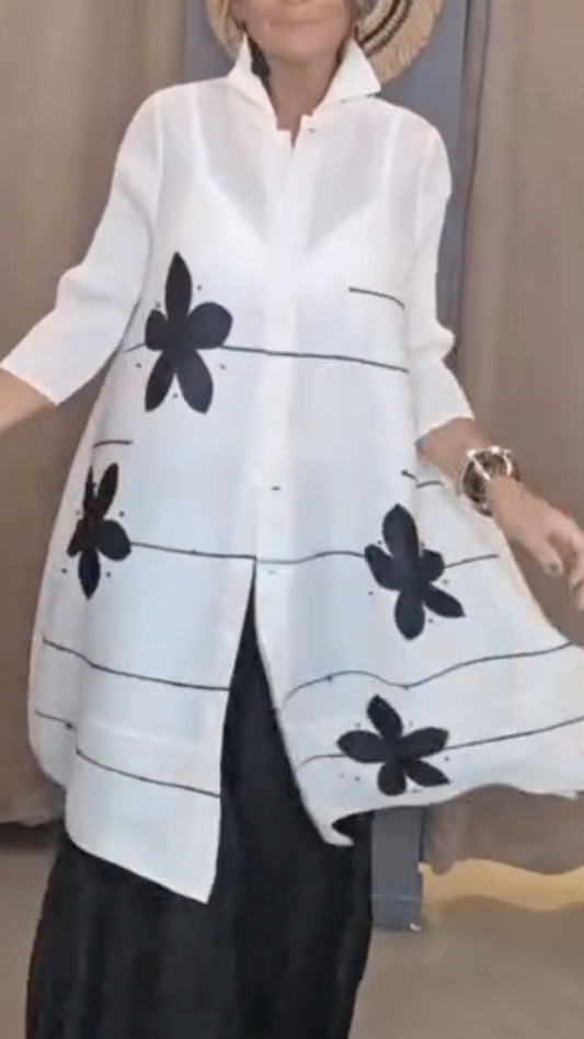 Women's Printed Longline Lounge Shirt with Lapel Collar