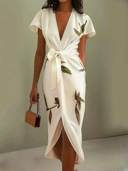 Elegant Satin Wrap-Tie Botanical Midi Dress