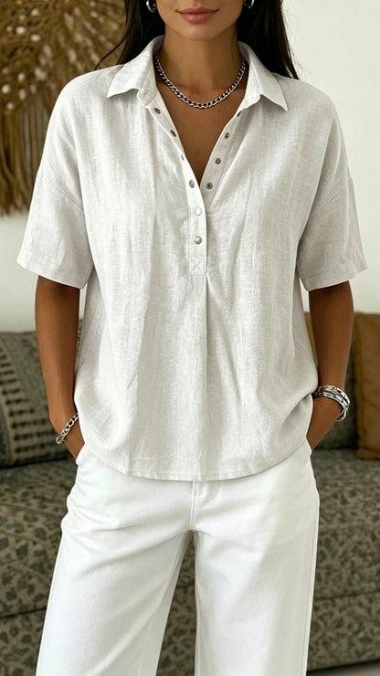 Women’s Cotton Linen Polo Shirt – Casual Short Sleeve Summer Top