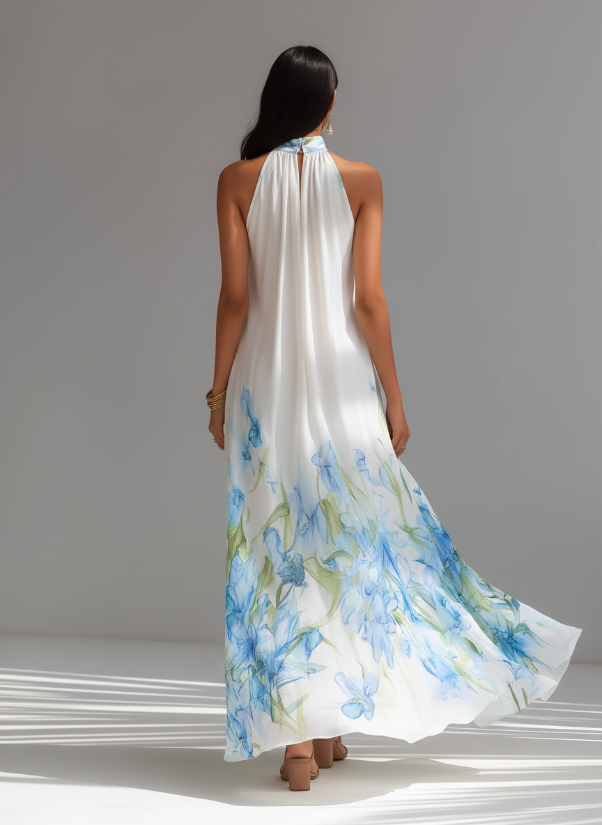 White Blue Floral Halter Maxi Dress – Elegant Resort Vacation Style