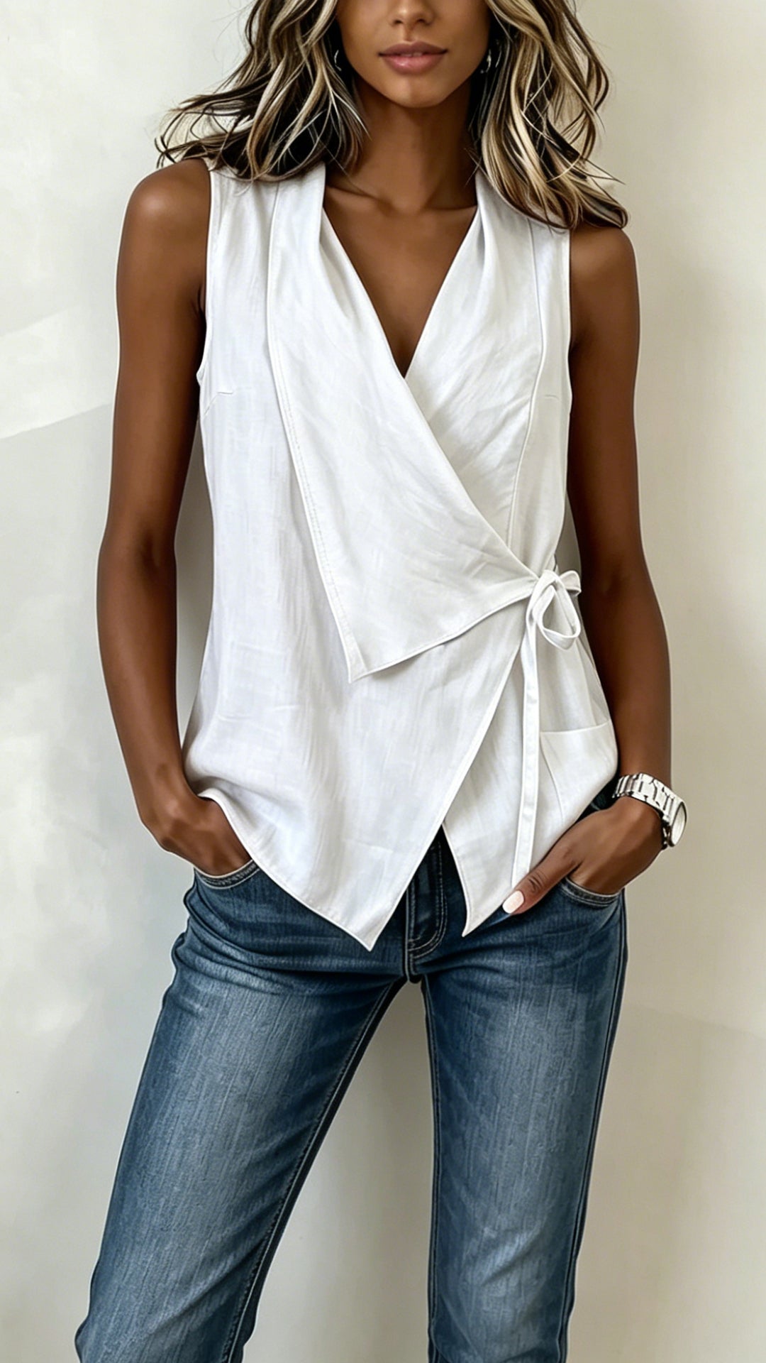 Women's Wrap-Front Tie Cotton-Blend Sleeveless Top