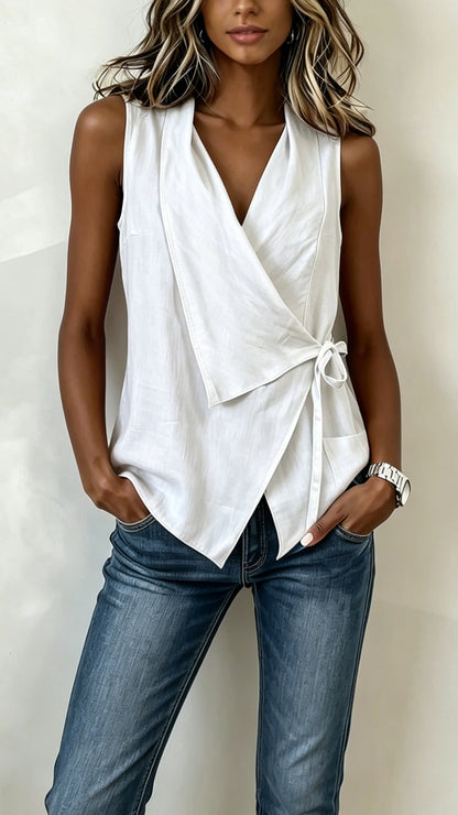 Women's Wrap-Front Tie Cotton-Blend Sleeveless Top