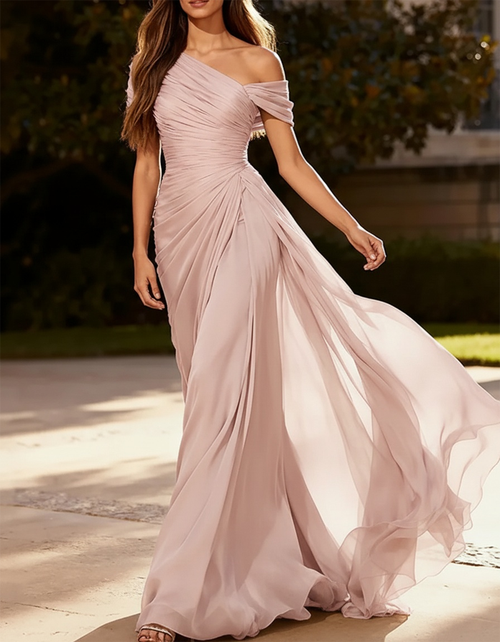 One-Shoulder Pleated Chiffon Maxi Dress