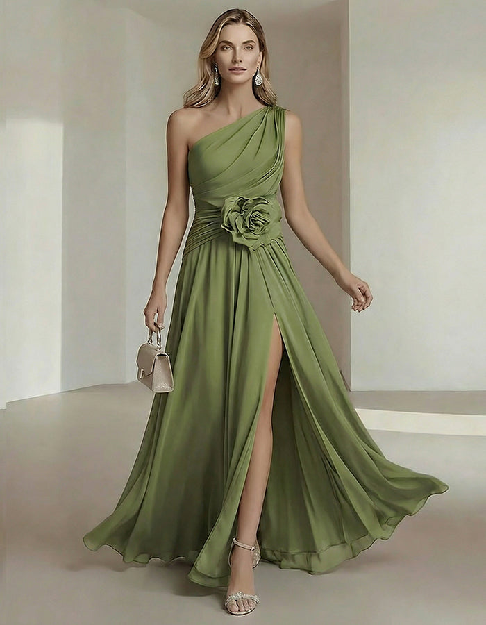 Solid Color One Shoulder Chiffon Dress With 3D Floral High Slit Maxi Dress
