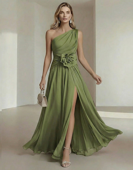 Solid Color One Shoulder Chiffon Dress With 3D Floral High Slit Maxi Dress