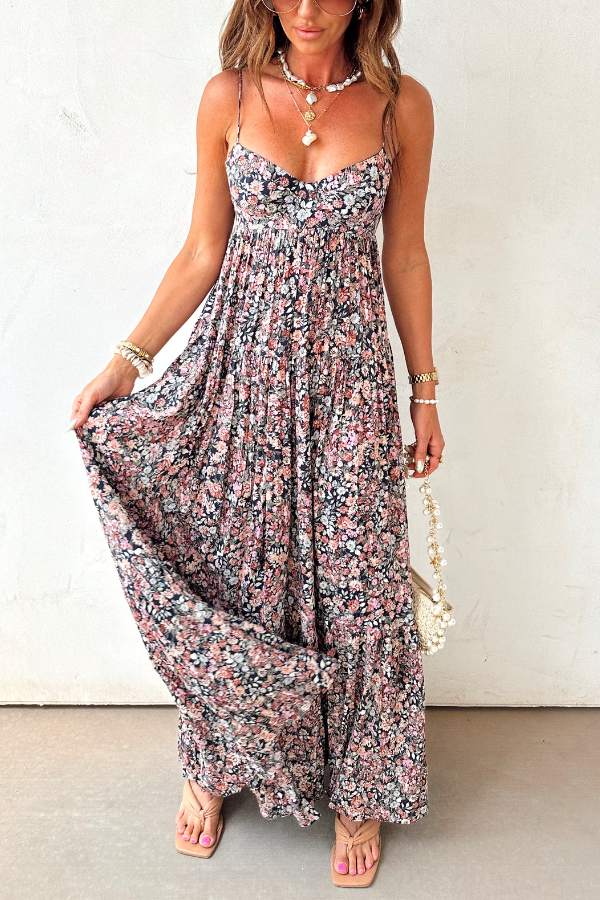 Pink Floral Tiered Boho Maxi Dress – Romantic Vacation Elegance