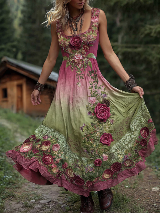 Classy Gradient Pink Roses Cancer Awareness Embroidered Linen Maxi Dress