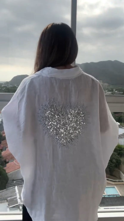 White Linen Button Down Shirt with Sequin Heart Embroidery