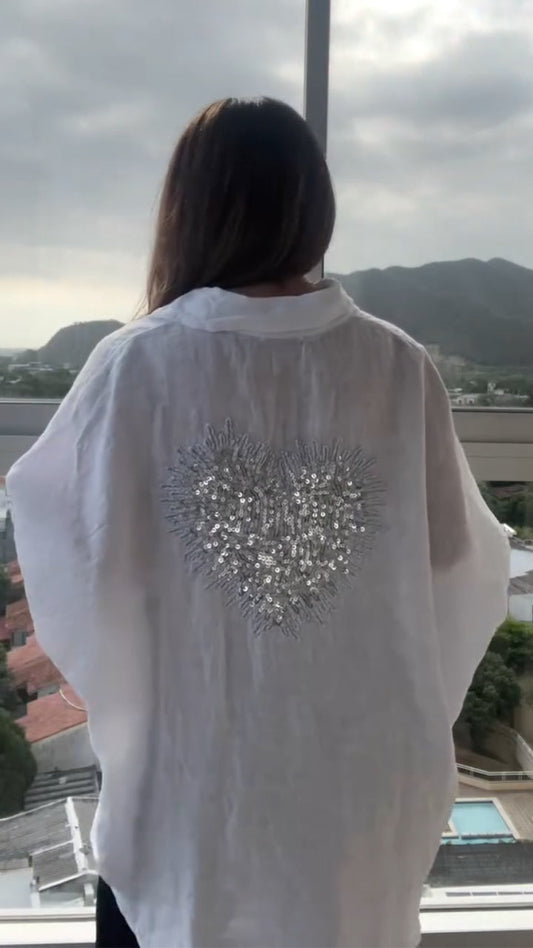 White Linen Button Down Shirt with Sequin Heart Embroidery