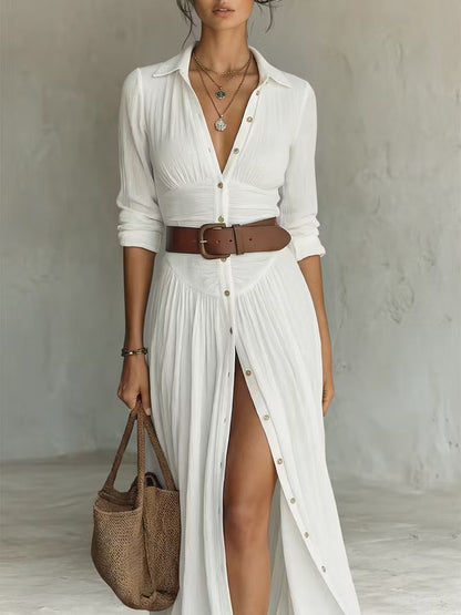 White Button-Down Pleated Shirt Maxi Dress – Effortless Resort Elegance