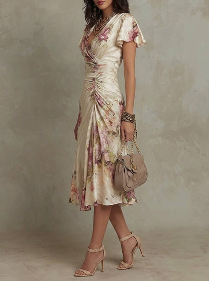 Champagne Floral Wrap Ruched Midi Dress – Romantic Elegance