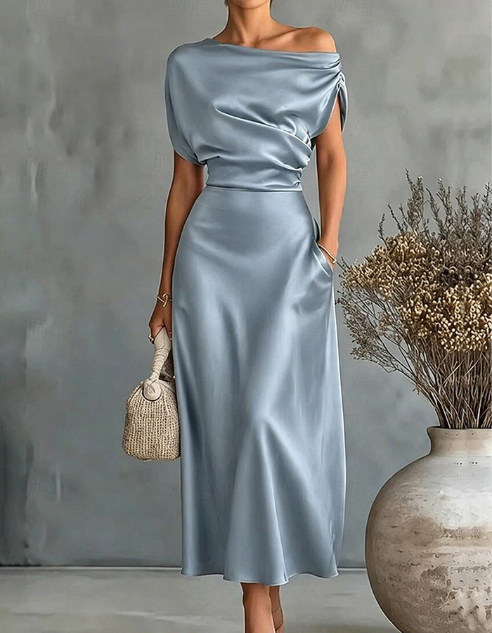 Dusty Blue Asymmetric Off-the-Shoulder Draped Satin Midi Dress