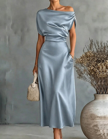 Dusty Blue Asymmetric Off-the-Shoulder Draped Satin Midi Dress