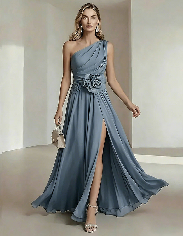 Solid Color One Shoulder Chiffon Dress With 3D Floral High Slit Maxi Dress