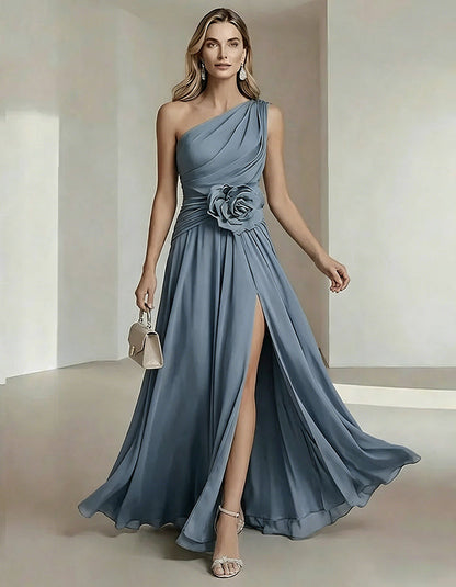Solid Color One Shoulder Chiffon Dress With 3D Floral High Slit Maxi Dress