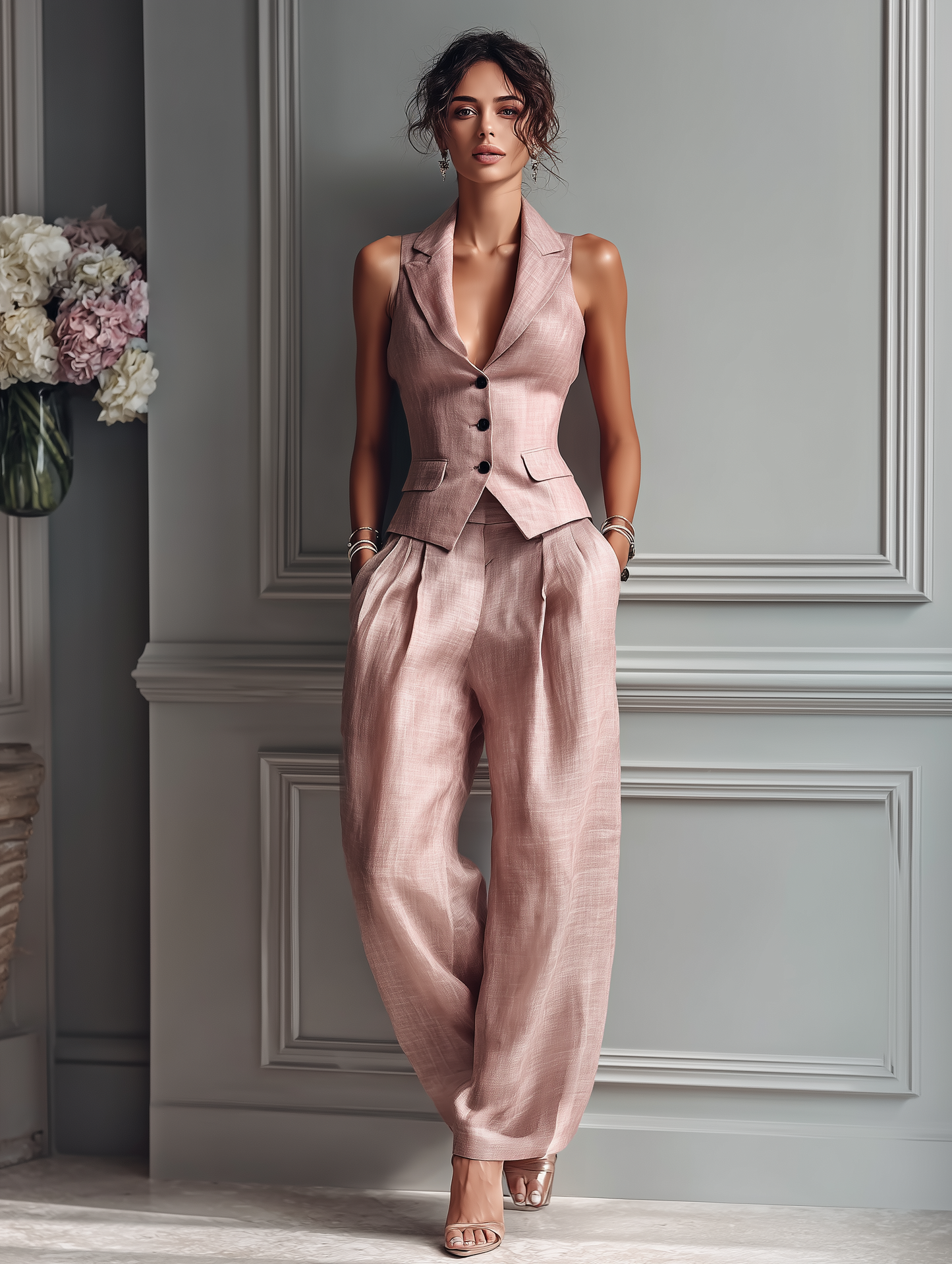 Blush Tailored Vest & Wide-Leg Pants Set
