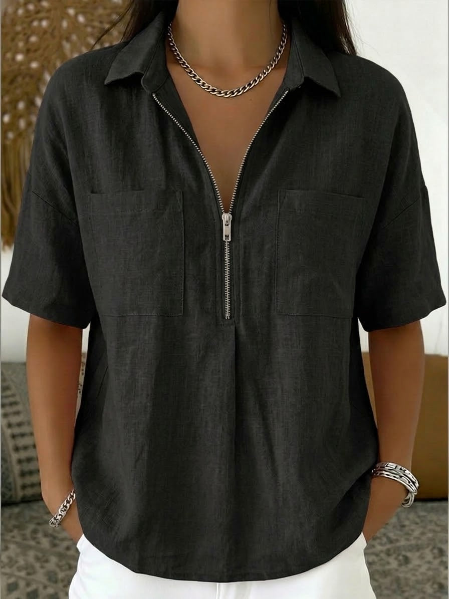 Casual Half-zip Linen And Cotton Shirt