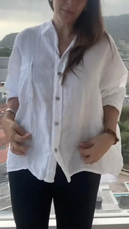White Linen Button Down Shirt with Sequin Heart Embroidery