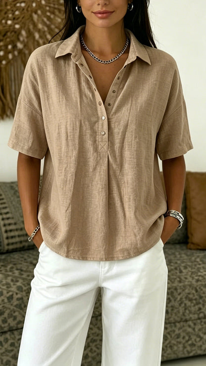 Women’s Cotton Linen Polo Shirt – Casual Short Sleeve Summer Top