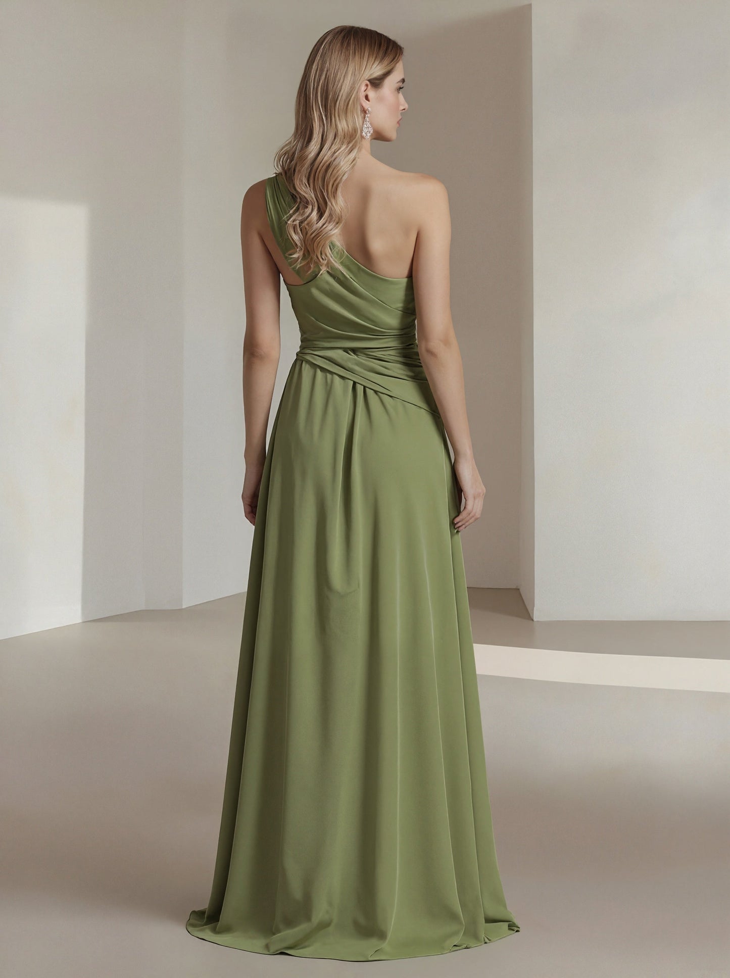 Solid Color One Shoulder Chiffon Dress With 3D Floral High Slit Maxi Dress