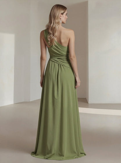 Solid Color One Shoulder Chiffon Dress With 3D Floral High Slit Maxi Dress