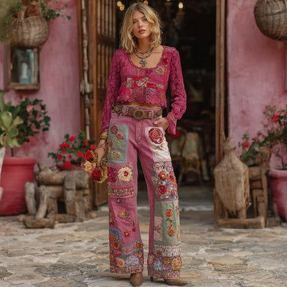 Women's Vintage Rose Floral Embroidery Art Wide Legs Jeans