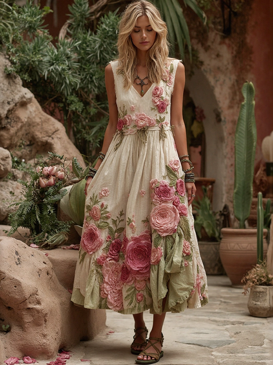 Women Vintage Floral Embroidery Art V Neck Linen Maxi Dress