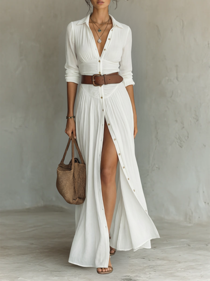 White Button-Down Pleated Shirt Maxi Dress – Effortless Resort Elegance