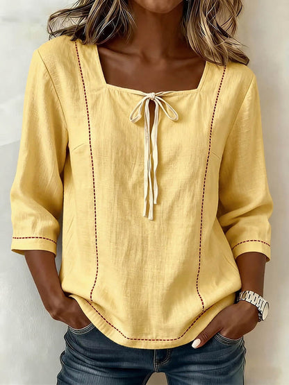 Women's Square-neck 3/4-sleeve Loose-fit Cotton-linen Top
